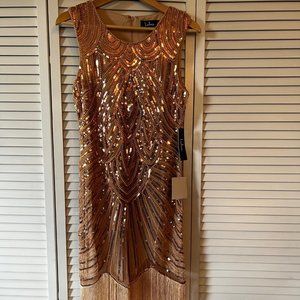Lulu's Full Glam Rose Gold Sequin Fringe Mini Dress (medium)